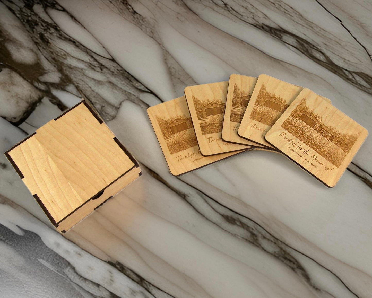 Personalized Laser-Cut Coasters with Wooden Case