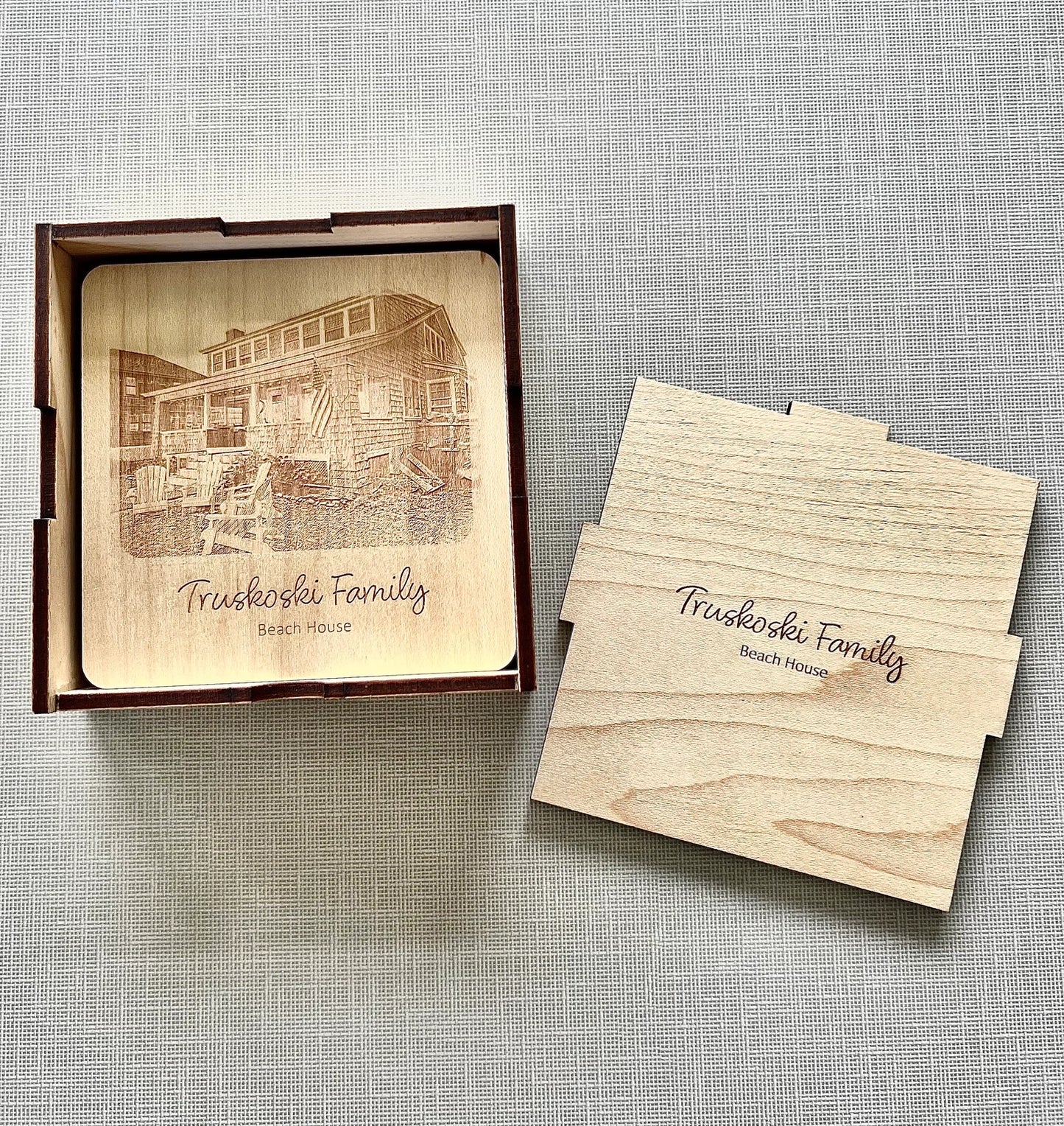 Personalized Laser-Cut Coasters with Wooden Case