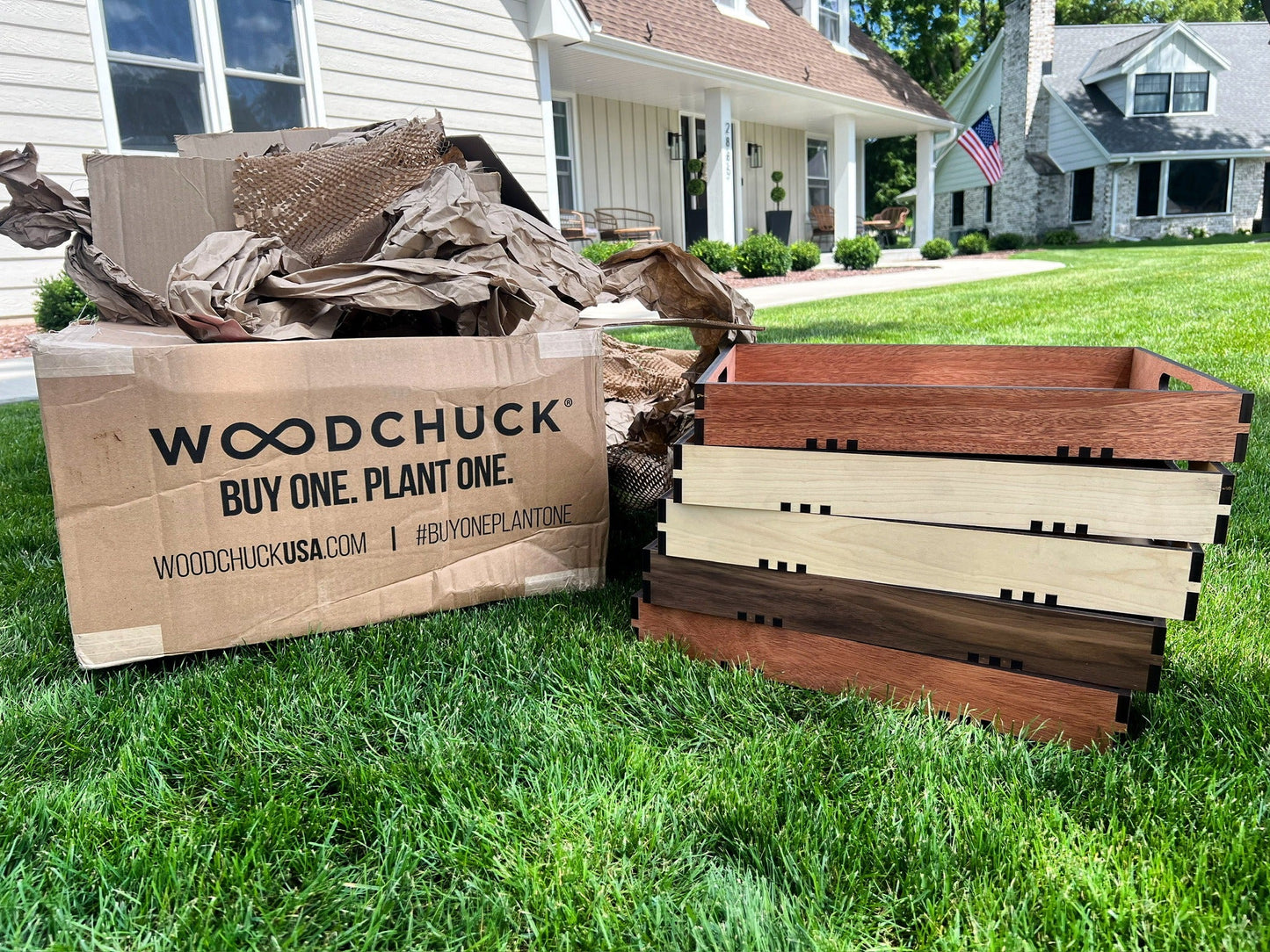 Made-to-order ottoman trays prepared with Woodchuck Buy One Plant One packaging