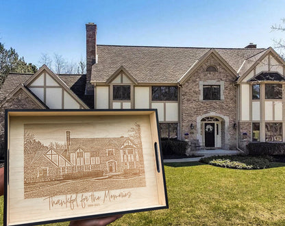 Original house beside a personalized engraved ottoman tray created from the photo