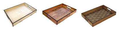 Personalized ottoman trays shown in Maple, Mahogany, and Walnut wood-type finishes