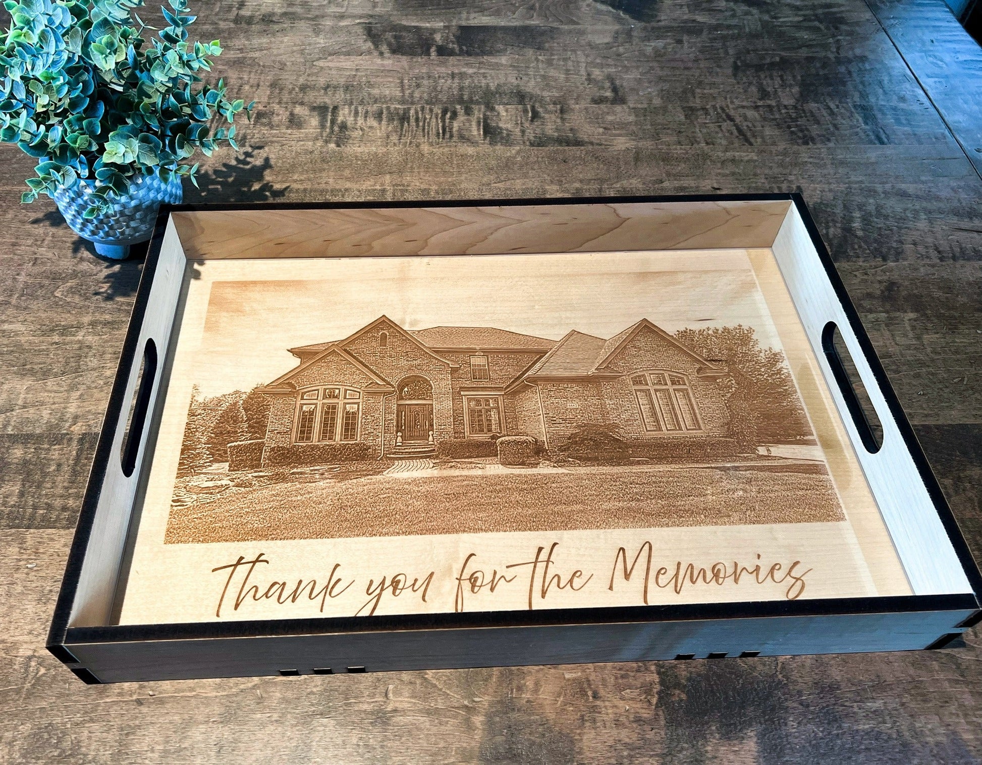 Personalized engraved ottoman tray featuring a custom house portrait and thank-you message