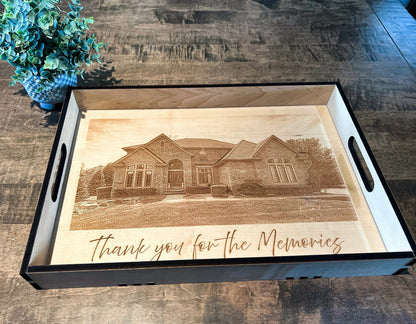 Personalized engraved ottoman tray featuring a custom house portrait and thank-you message