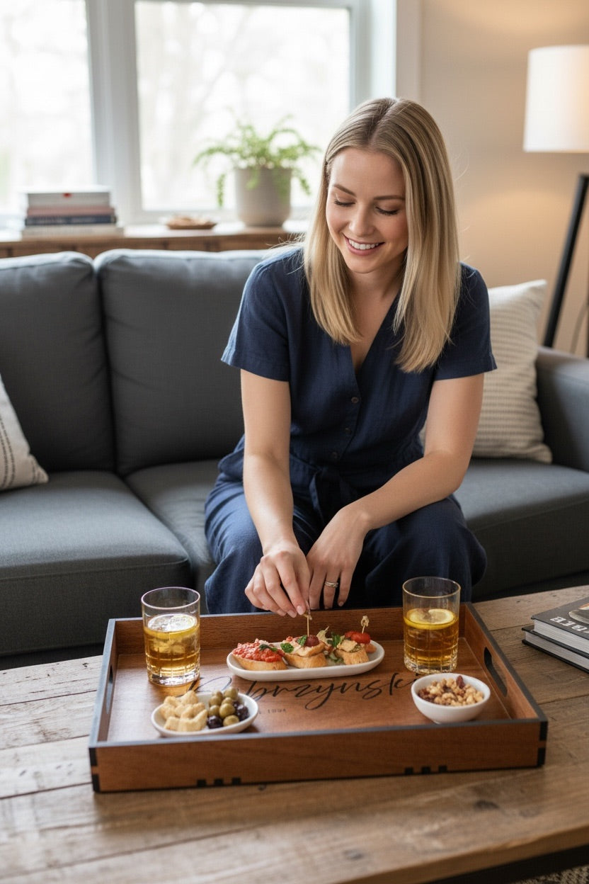Personalized ottoman tray styled with drinks and appetizers on a coffee table
