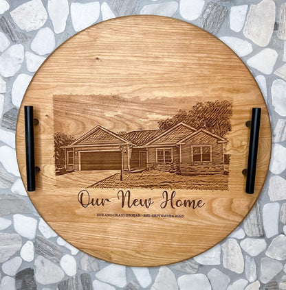Personalized round wooden tray featuring an engraved house and Our New Home message