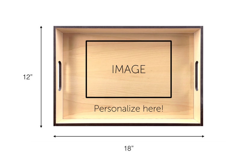 Rectangular personalized ottoman tray dimensions showing a 12 by 18 inch engraving area