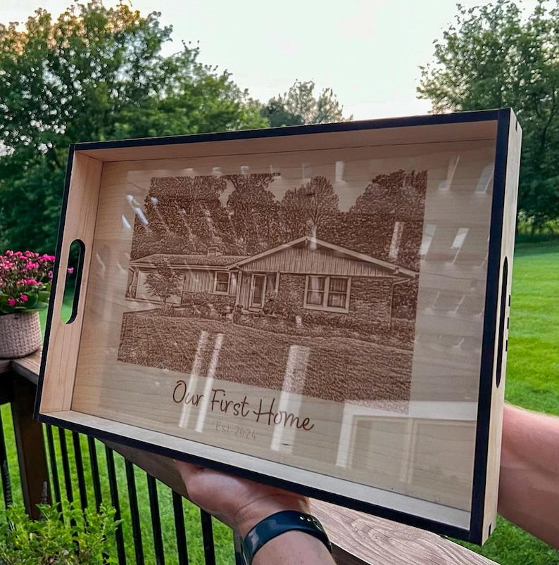Personalized rectangular ottoman tray engraved with a house portrait and Our First Home message