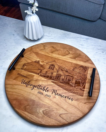Personalized round cherry tray displayed at an angle on a marble table